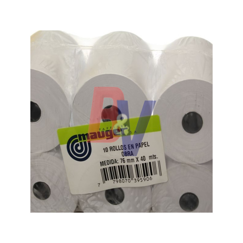 Rollos para impresor Mauger. Pack 10 rollos. Obra 76mmx40mts.